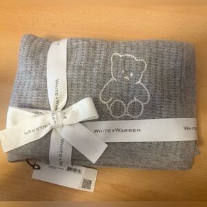 White + Warren Baby Cashmere Blanket Gray Embroidered Bear 100% Cashmere